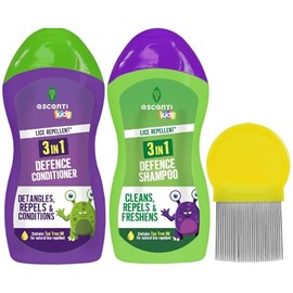 Escenti Kids 3 in1 Head Lice Prevention Shampoo and Conditioner set bundled with Metal tooth Nit Comb