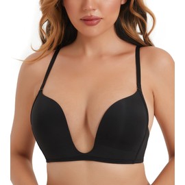 HACI Women's Seamless Low Cut Bras Plunge Deep U Bra Push Up Wireless Multiway(38B, Black)