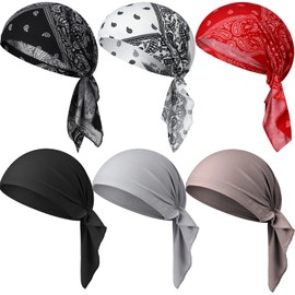 Geyoga 6 Pcs Women Head Scarf Pre-Tied Head Scarves Beanies Covers Cap Stretch Print Sleep Turban Hat Ruffle Beanie Scarf (Retro)