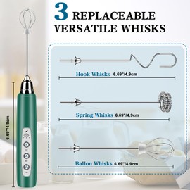 BSRGMS Milk Frother Handheld for Coffee, Electric Whisk 3 Speed Adjustable, Drink Mixer with Stainless 3 Whisks, Rechargeable Hand Frother Wand, for Latte Cappuccino Hot Chocolate Egg Green