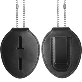 Uniclife Police Badge Holder, Cowhide Law Enforcement Badge Holder with Metal Belt Clip & Stainless Steel Bead Chain, Universal Oval Leather, Hook and Loop Sheriff ID Carrier, Black