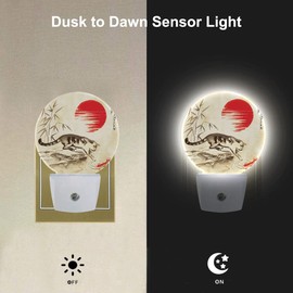 EKOBLA Fish in Pond LED Night Light Red Sun Bamboo Branch Cute Cat Play with Fish Dusk to Dawn Night Lamp Auto Sensor for Home Indoor Bathroom Hallway Kitchen