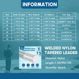 Riverruns Fly Fishing Tapered Leader with Pre-Tied Loop, Clear Nylon Fly Line for Freshwater Saltwater (6X-6PACK, 7.5FT)