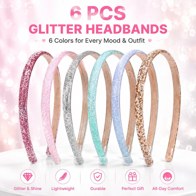 6 Pack Thin Glitter Headbands for Girls, Sparkly Sequin Toddler