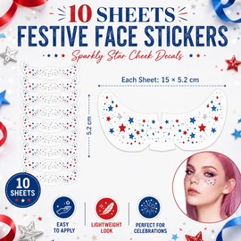4th of July Outfits for Women,10 Pcs Red White Blue Face Tattoos Patriotic Body Glitter Stickers Star Freckle Face Stickers, Independence Day Makeup 250 Anniversary USA Merchandise