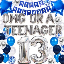 13th Birthday Decorations Blue Boys, OMG UR A Teenager 13th Birthday Decoration, Blue 13th Birthday Banner Number 13 Foil Balloons Blue Confetti Balloons for 13 Years Birthday Boys