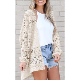 Mafulus Women's Crochet Cardigan Kimono Boho Long Sleeve Lightweight Soft Oversized Open Front Knitted Sweater Beige