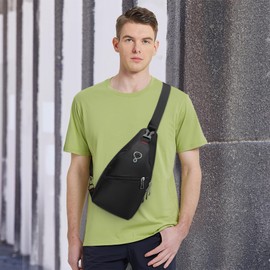 DORRISO Chest Bag Men's Lightweight Stylish Sling Backpack Anti Theft Cross Bag with Headphone Hole for Cycling Travel Camping Sports Gym Daypack Waterproof Polyester, black