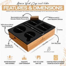 Couch Caddy with Cup Holder - Sustainable Acacia Wood, Silicone Couch Tray for Sofa, Bed, and Car - Waterproof Anti-Spill Snack Tray for Drinks, Beverages, and Remote