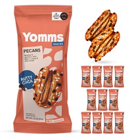 Yomms Nutty Chia Glazed Whole Pecan Halves, 15.6 oz (12 Pack), Gluten-Free & Non-GMO Healthy Dessert Snacks – Low Sugar Chia Seed & Crunchy Candied Nut Pouches – Roasted Snacking Pecans – 1.3oz Individual Bags
