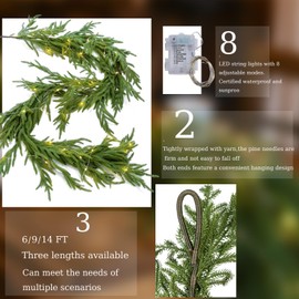 MISSPIN Christmas Garland with Lights, Real Touch Winter Pine Garland, Green Artificial Greenery Garland for Table, Mantle, Wall, Indoor, Outdoor Christmas Decorations