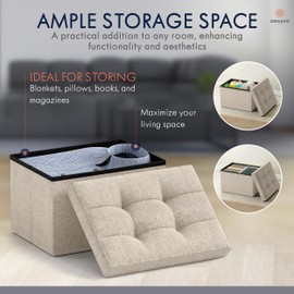 Ornavo Home Small Storage Ottoman Foldable Collapsible Rectangle Linen Ottoman Foot Rest Stool Seat, for Living Room, Bedroom, Home Office, Dorm - 12 x 16 x 12, Beige