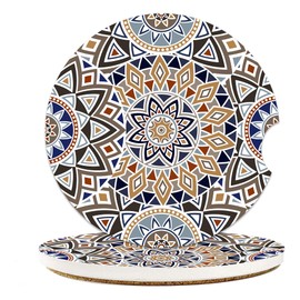 Boho Mandala Car Coasters for Cup Holders - 2 Pack Absorbent Ceramic Coasters With Finger Notch, Universal Non-Slip Accessories for Drinks, Cute Gifts for Women Men