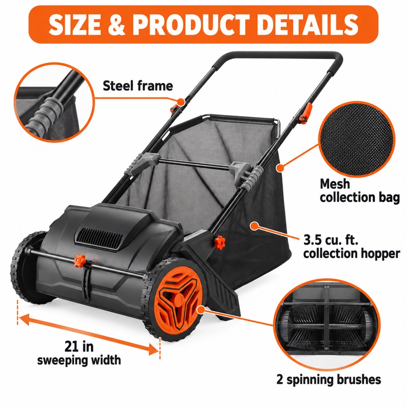 Push Lawn Sweeper for Leaf & Grass Cleanup – 21-Inch