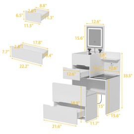 Timechee Vanity with Mirror and Lights, Cute Girl Make up Vanity Desk, Foldable Makeup Table with 2 Drawers, Hidden Chair, Socket and Wireless Charging for Bedroom, Dressing Room, White