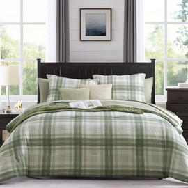 MaiRêve Plaid Full Comforter Sets, Green Grid Farmhouse Bedding Set Bed in A Bag, Classic Checkered Comforter Sets with Fitted & Flat Sheet, Pillowcases & Shams(Green, 80"x90")