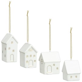 Set of 4 Small White Scandi Snow Ceramic Houses Baubles Tree Hanging Christmas Decor Gift