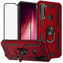 YaHan for Xiaomi Redmi Note 8 Case,360 Degree Rotating Ring Kickstand Hybrid Heavy Duty Dual Layer Shockproof Defender Hard Back Case Cover with Tempered Glass Screen Protector,Red