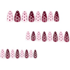 Uas postizas de lunares almendradas medianas color borgoa y rosa con lindos diseos, 24 piezas, reutilizables, acrlicas, de cobertura total, adhesivas.