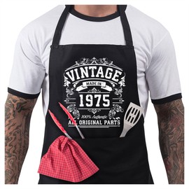 50th Birthday Gift Ideas For Men - BBQ Grilling Apron For Husband - Vintage Original Parts Born In 1975 - Cooking Accessories - Black