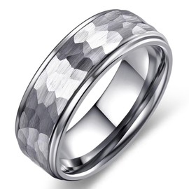 Adreamz 6mm 8mm Mens Hammered Tungsten Carbide Wedding Rings Black Silver Hammered Wedding Band Brushed and Step Edge, 11.5, Tungsten Carbide, No Gemstone