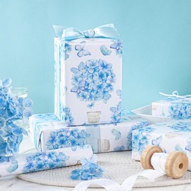 LeZakaa Blue Hydrangea Wrapping Paper Roll for Girls Kids, Hydrangea Flowers & Watercolor Butterfly Party Gift Wrap for Wedding, Baby Shower, Mother's Day, Birthday, Mini Roll, 17 inches x 16.4 Feet