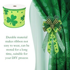 St. Patricks Day Ribbon Wired, Glitter Green Shamrock Fabric Ribbons Gifts Wrapping DIY Crafts Wreath Bows Making Supplies Festival Party Birthday Holiday Decoration, Green Background, 10 Yds x 2.5 In