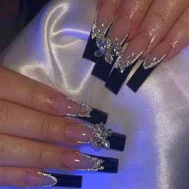 24Pcs Extra Long Press on Nails Square Shape Fake Nails Black French False Nail Tips with Butterfly Charms Long Acrylic Rhinestone Nails Exquisite Artificial Nails for Women DIY Manicure