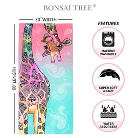 Bonsai Tree Giraffe Beach Towel, Cute Funny Teal Pink Mandala Giraffe Microfiber Bath Towel Gifts for Kids Women, Colorful Abstract Trippy Sand Free Quick Dry Travel Towels for Yoga Sports 30" x 60"