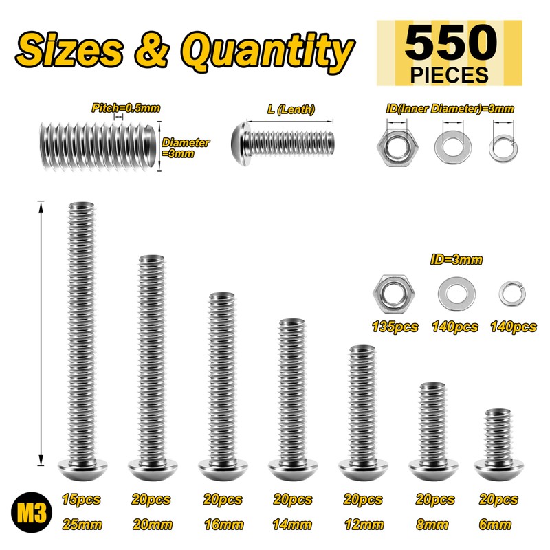 Mywish 550Pcs M3 Screw Metric Screw Assortment, 304 Stainless Steel
