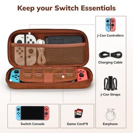 Younik Switch Case for NS Switch and Switch OLED, PU Leather Portable Travel Case with 9 Games Slots, Brown