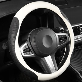 ALEMODR Premium White Black Leather Steering Wheel Cover Universal 15 inch,Stylish Protection for Your Wheel