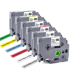 TITBIT TZe Colored Label Maker Tape Replacement for Brother P Touch Label Maker Cartridge Color TZe Tape 12mm 0.47” Laminated TZe-231 131 431 531 631 731 for P-Touch PTD210 PTD400 PT-H100,6 Pack