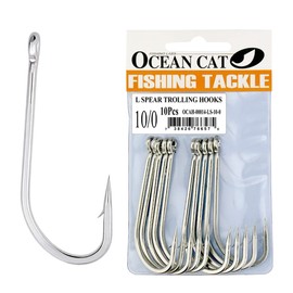 OCEAN CAT Classic Stainless Steel Fishing Hook Short Long Spear Barbed Offset Point Octopus Hooks Circle Trolling Hooks Fishing Tackle for Saltwater and Freshwater (10/0, Long Spear)