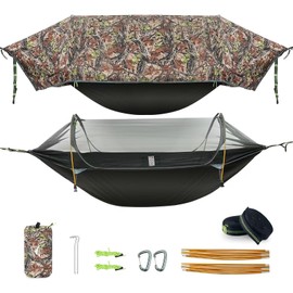 Camping Hammock Tent with Mosquito Net & RainFly, 3 in 1 Waterproof Lightweight Portable Sleeping Hammock Bug Backpacker Travel Outdoor Gear with Tree Strap Swing, for Hiking Patio Expedition (Camo)