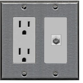 RiteAV - 15 Amp Power Outlet and 1 Port Coax Cable TV- F-Type Decorative Type Wall Plate - Stainless Steel & Gray