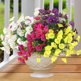 Artificial Flowers for Outdoors 12 Bundles Realistic Faux Plants UV Resistant Fake Silk Morning Glory with Eucalyptus for Front Door Planter Patio Porch Spring Summer Decoration (4 Mixed Color)