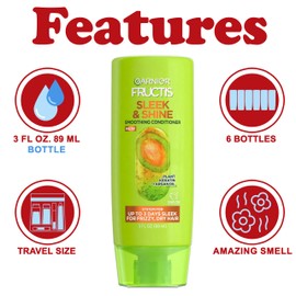Garnier Fructis Sleek & Shine Travel Conditioner, 6 Pack, Smoothing Fortifying Conditioner, Long Lasting Frizz Control for Dry Unmanageable Hair, With Moroccan Argan Oil and Plant Keratin, 3 oz Each