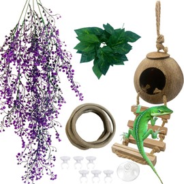 MUYG Crested Gecko Coconut Hut with Ladder,Bearded Dragon Coco Den Reptile Shell Hideout Husk Hut Climbing Plants Leaves Tank Accessories for Lizard Chameleon Snakes