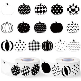 BkeeCten Autumn Pumpkin Sticker Roll - 1000pcs Fall Black White Pumpkin Waterproof Vinyl Reusable Laptop Sticker Coloring Book Scrapbook Water Bottle Page Activity Pad Birthday Party Favors Skateboard