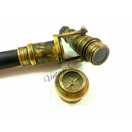 Antique Victorian Spy Telescope & Antique Compass Brass Handle Wooden Walking stick Cane