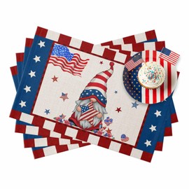 4th of July Placemats Set of 6 American Flag Gnome Place Mats Patriotic Stars Red White Blue Stripes Table Mats for Dining Kitchen Dinner Party Memorial Day Independence Day Decorations 13x19 Inch