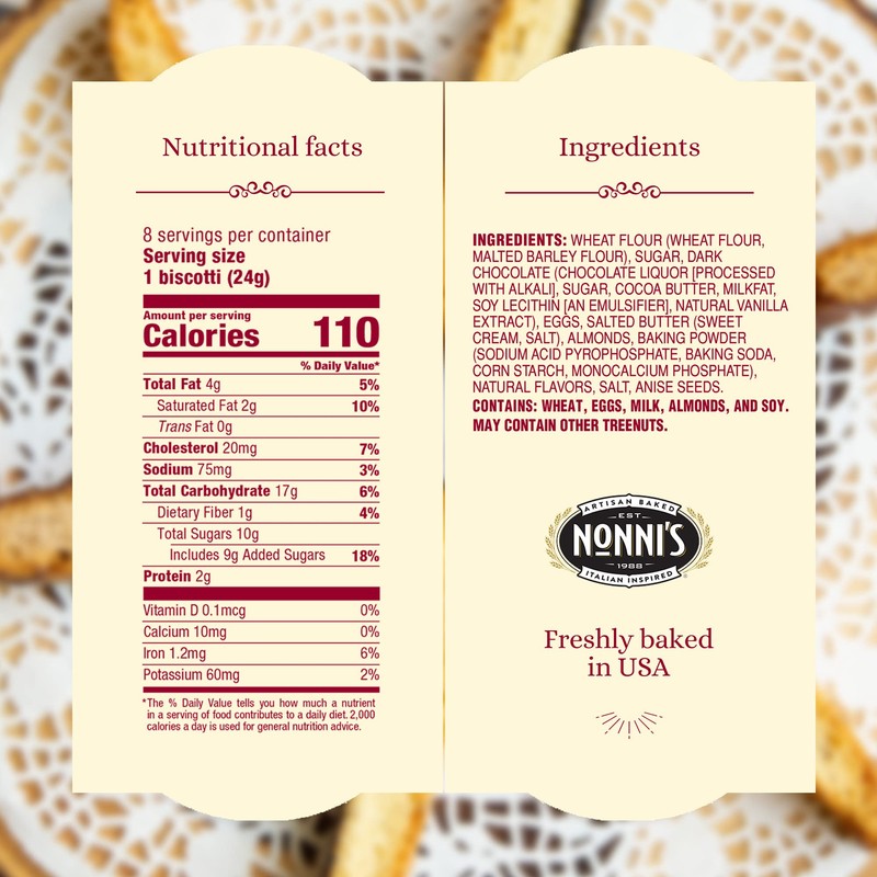 NONNIs Biscotti Cioccolati 6.88 Oz. Box of 8 Individually Wrapped