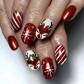 Christmas Press on Nails Red Fake Nails Short Almond False Nails with Snowflake Design Reindeer Glue on Nails Glossy Acrylic Nail Full Cover Stripes Stick on Nails for Women Girls Manicure 24Pc