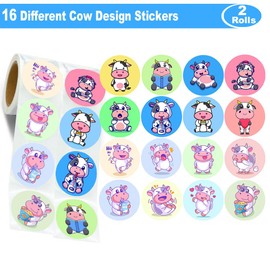 Hohamn 600 Pcs Cow Stickers for Kids Teachers 1.5 Inch 16 Styles 2 Roll Cute Cow Stickers Roll for Kids Birthday Party School Reward Giveaways Waterbottle Scrapbook Decor