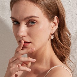 ZDaoBen 925 Sterling Silver Pearl Hoop Earrings for Women 10MM Large White Rose Gold Pearl Dangle Drop Earrings Dainty Bridal Wedding Jewelry Gift for Her