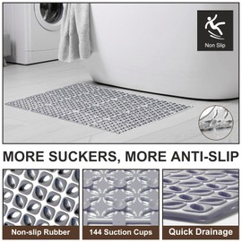 Shower Mat Non Slip，24"X24" Bathtub Mat Non Slip Square Shower Mats for Inside Shower with Drain Holes Suction Cups, Quick Drain, TPE Shower Floor Mat for Elderly & Kids (D-Grey)