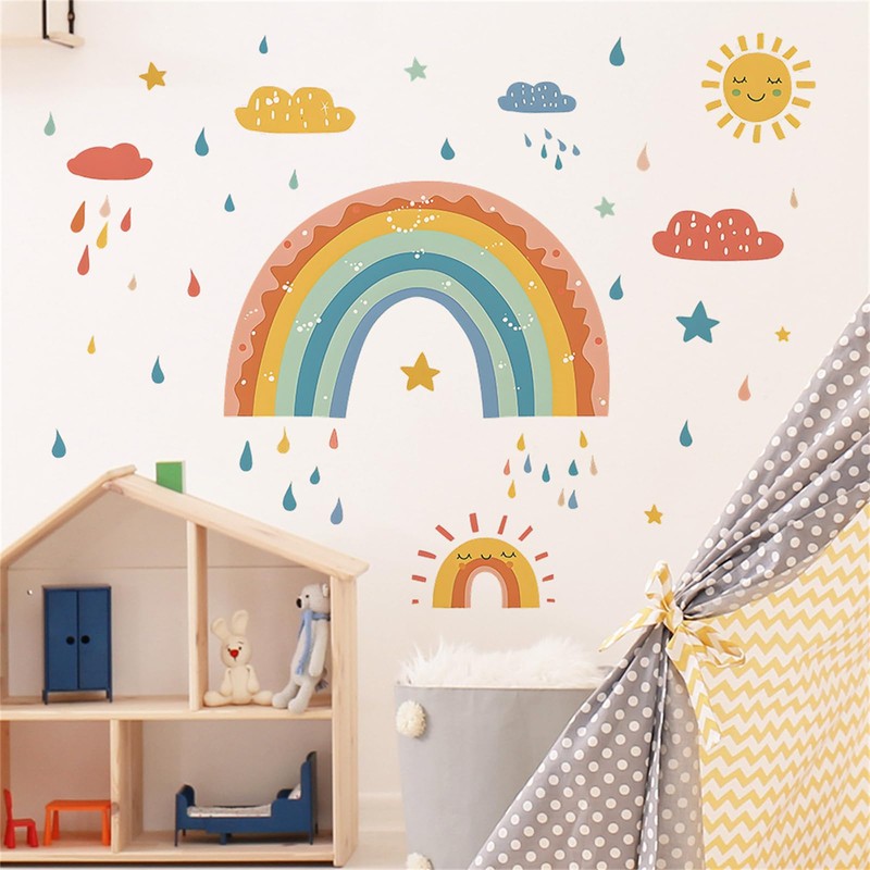 SMAOSTORE Wall Sticker, Rainbow, Cloud, Sun, Stylish, Rainbow, Rainy Season,