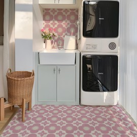 Alwayspon 10Pcs Peel and Stick Tile Transfer Stickers, Pink Flowers Tile Decal Self-Adhesive Vinyl Backsplash Stick on Tiles for Kitchen Bathroom, 20cm/8inch