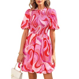 KIRUNDO Womens Summer Smocked Mini Dress 2025 Spring Puff Short Sleeve Boho Ruffle Crewneck Bubble A Line Short Dresses(Rose Red Flower, Small)